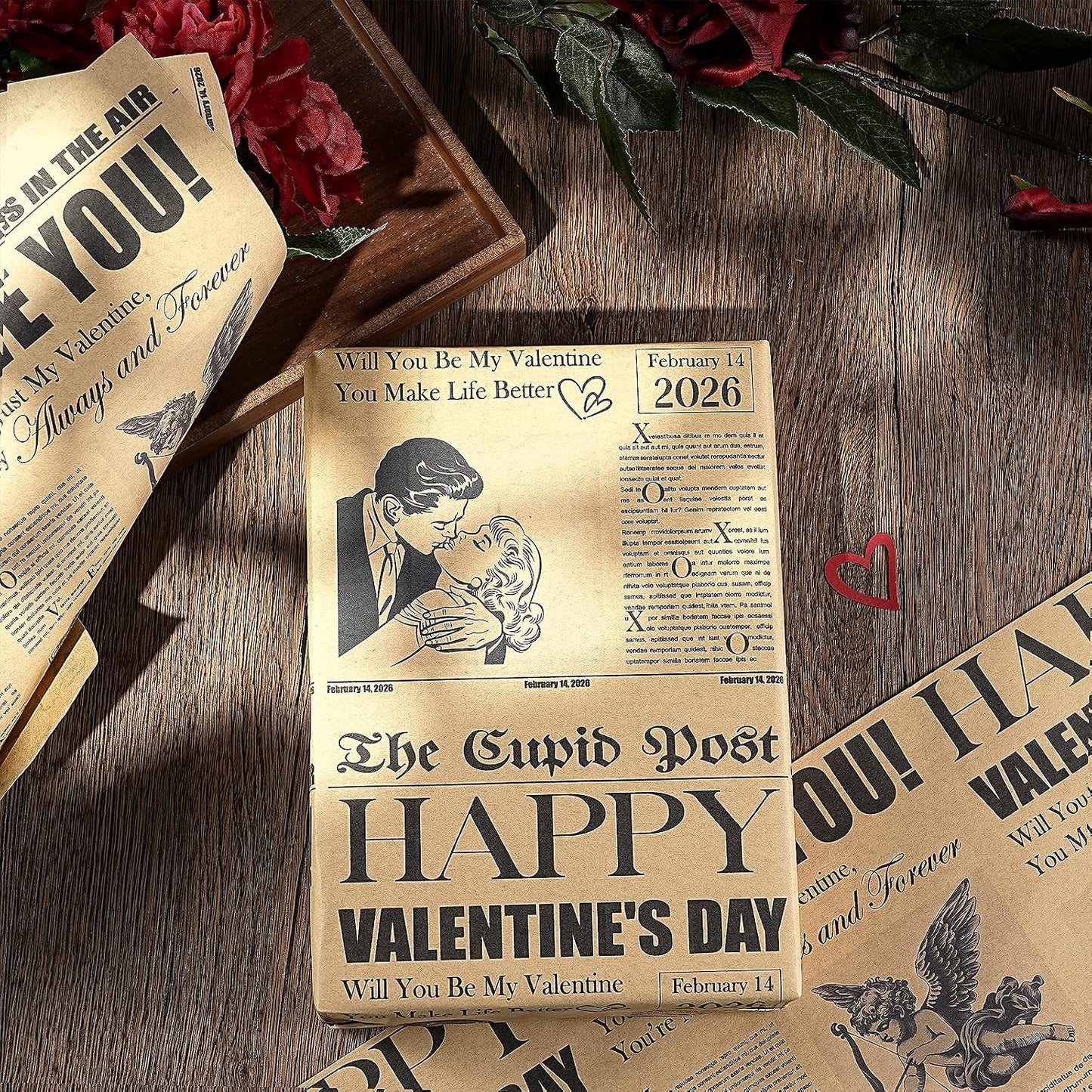 Vintage Newspaper Valentine's Day Wrapping Paper Roll - Mini Retro Cupid Post Design with Roses, Romantic Kraft Gift Wrap for Couples, Anniversaries, and Weddings, 17 in x 16.4 ft