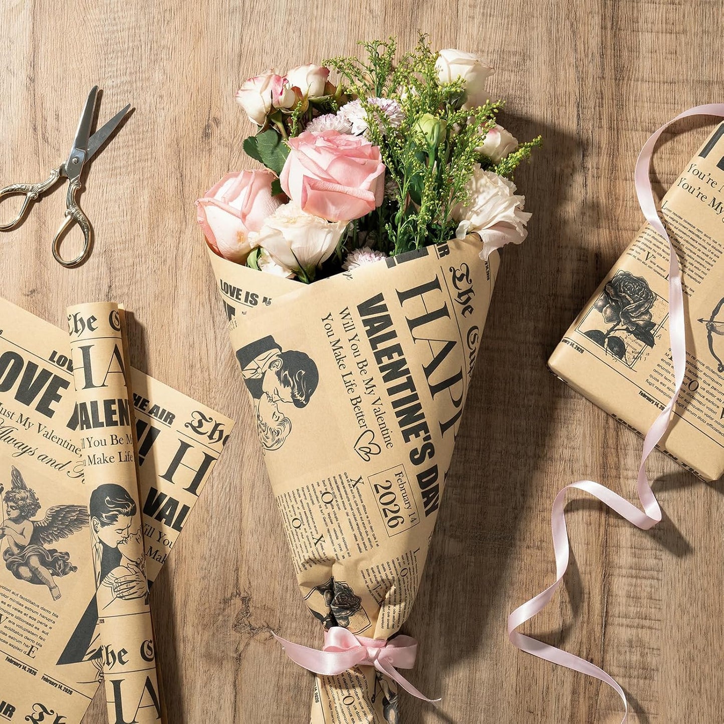 Vintage Newspaper Valentine's Day Wrapping Paper Roll - Mini Retro Cupid Post Design with Roses, Romantic Kraft Gift Wrap for Couples, Anniversaries, and Weddings, 17 in x 16.4 ft