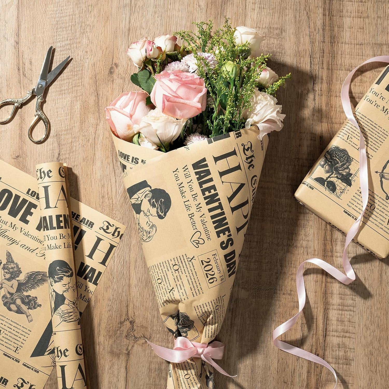 Vintage Newspaper Valentine's Day Wrapping Paper Roll - Mini Retro Cupid Post Design with Roses, Romantic Kraft Gift Wrap for Couples, Anniversaries, and Weddings, 17 in x 16.4 ft