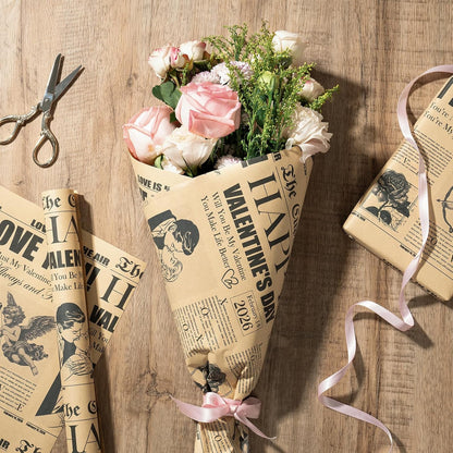 Vintage Newspaper Valentine's Day Wrapping Paper Roll - Mini Retro Cupid Post Design with Roses, Romantic Kraft Gift Wrap for Couples, Anniversaries, and Weddings, 17 in x 16.4 ft