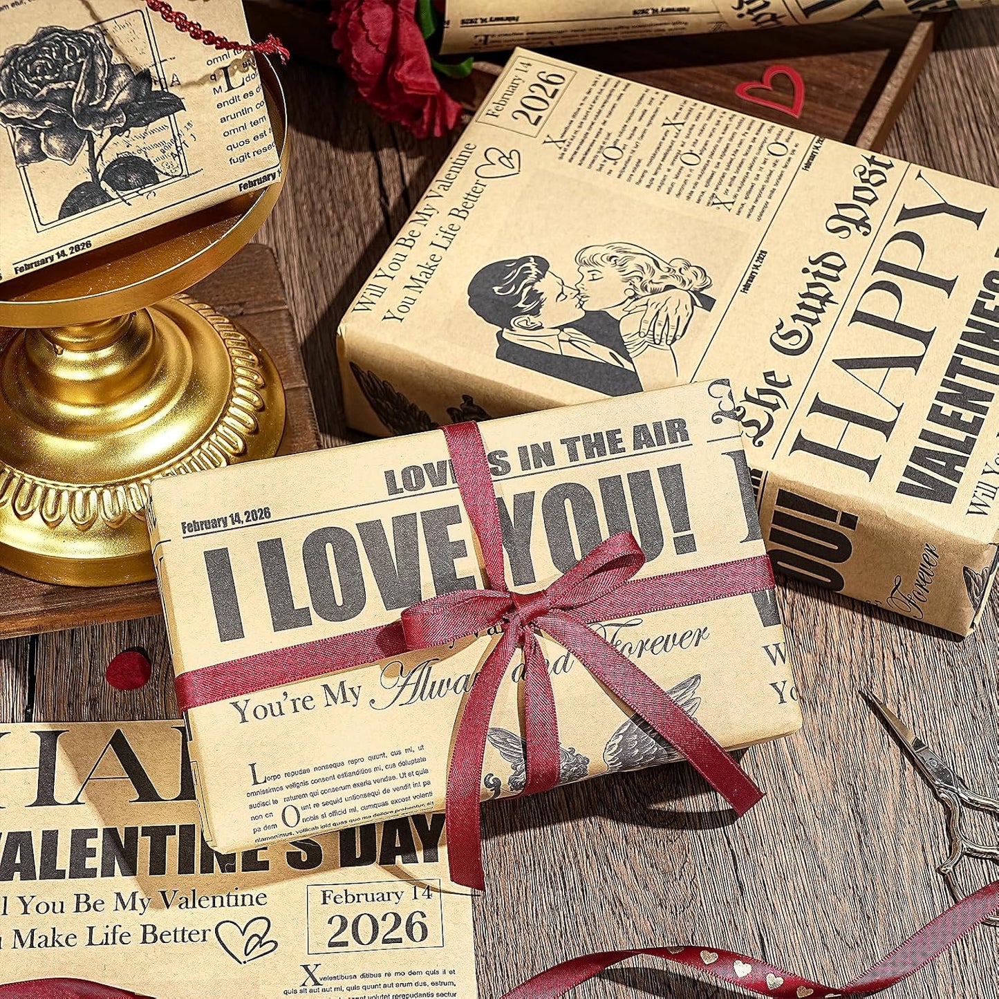 Vintage Newspaper Valentine's Day Wrapping Paper Roll - Mini Retro Cupid Post Design with Roses, Romantic Kraft Gift Wrap for Couples, Anniversaries, and Weddings, 17 in x 16.4 ft