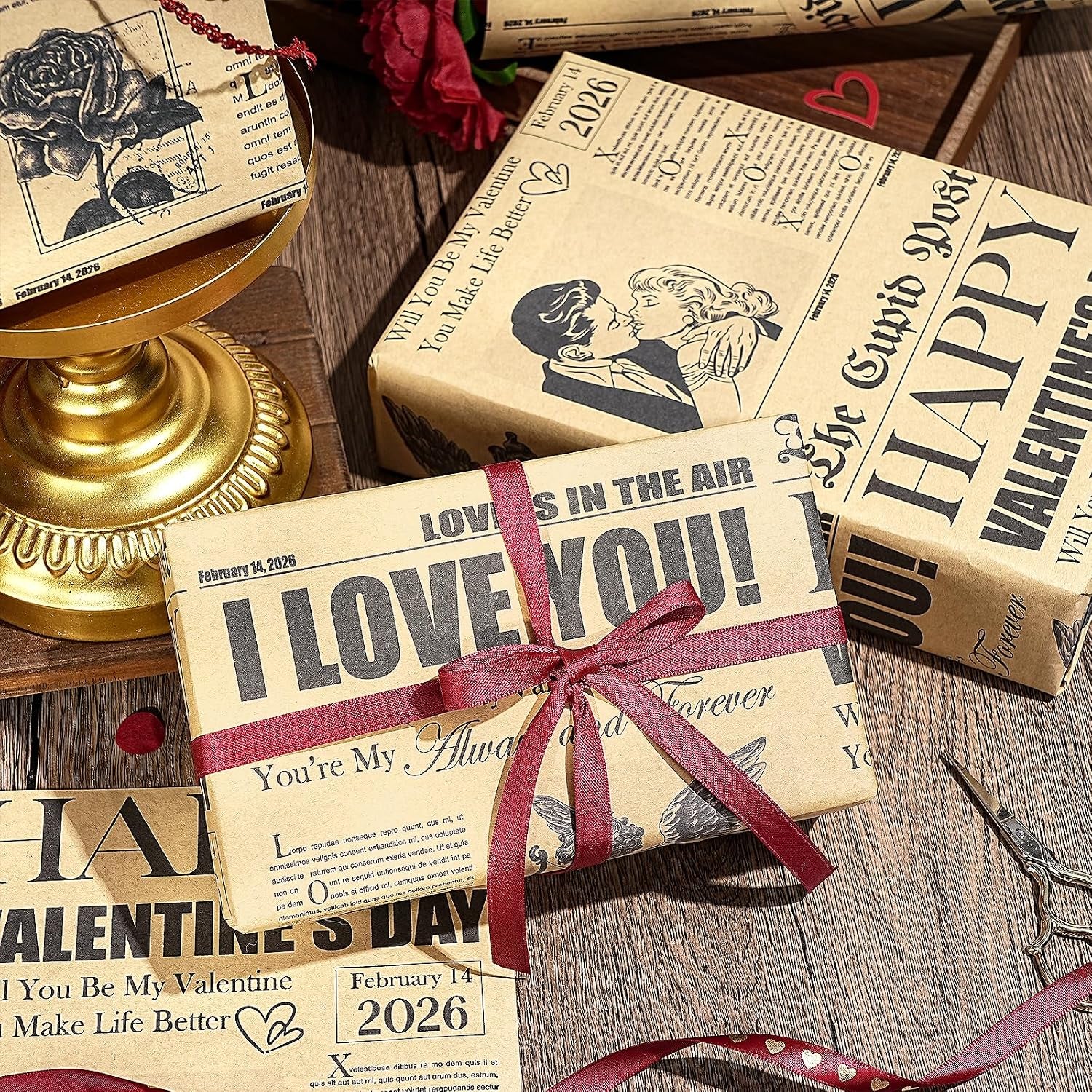 Vintage Newspaper Valentine's Day Wrapping Paper Roll - Mini Retro Cupid Post Design with Roses, Romantic Kraft Gift Wrap for Couples, Anniversaries, and Weddings, 17 in x 16.4 ft