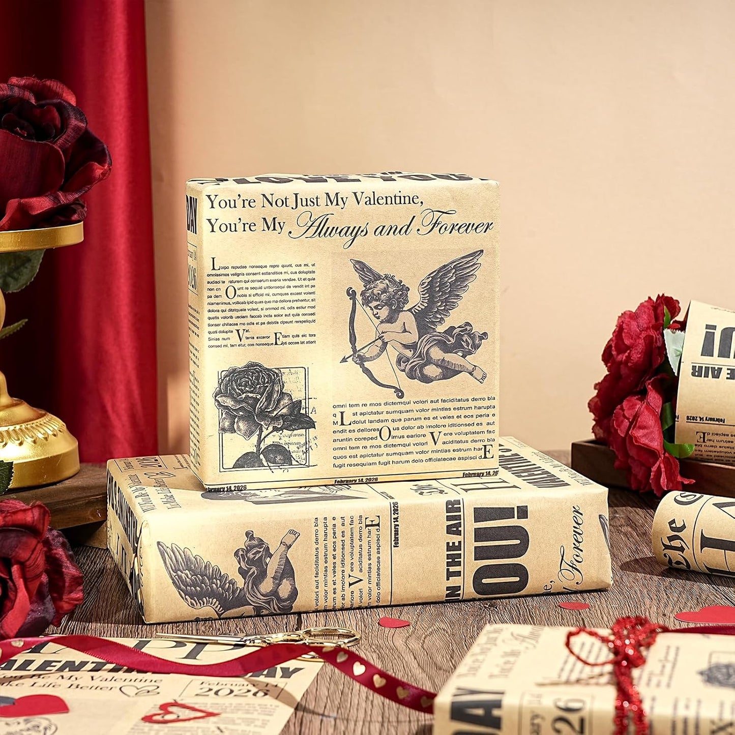 Vintage Newspaper Valentine's Day Wrapping Paper Roll - Mini Retro Cupid Post Design with Roses, Romantic Kraft Gift Wrap for Couples, Anniversaries, and Weddings, 17 in x 16.4 ft