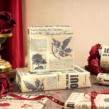 Vintage Newspaper Valentine's Day Wrapping Paper Roll - Mini Retro Cupid Post Design with Roses, Romantic Kraft Gift Wrap for Couples, Anniversaries, and Weddings, 17 in x 16.4 ft
