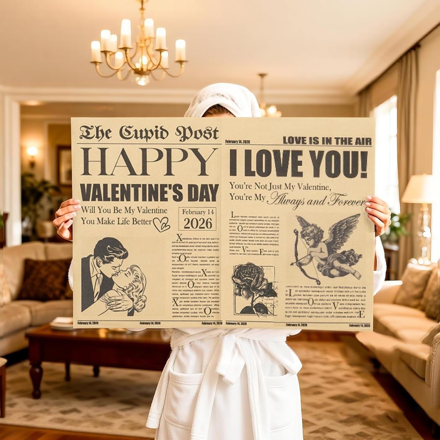 Vintage Newspaper Valentine's Day Wrapping Paper Roll - Mini Retro Cupid Post Design with Roses, Romantic Kraft Gift Wrap for Couples, Anniversaries, and Weddings, 17 in x 16.4 ft