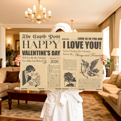 Vintage Newspaper Valentine's Day Wrapping Paper Roll - Mini Retro Cupid Post Design with Roses, Romantic Kraft Gift Wrap for Couples, Anniversaries, and Weddings, 17 in x 16.4 ft
