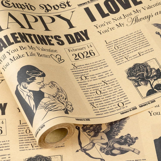 Vintage Newspaper Valentine's Day Wrapping Paper Roll - Mini Retro Cupid Post Design with Roses, Romantic Kraft Gift Wrap for Couples, Anniversaries, and Weddings, 17 in x 16.4 ft